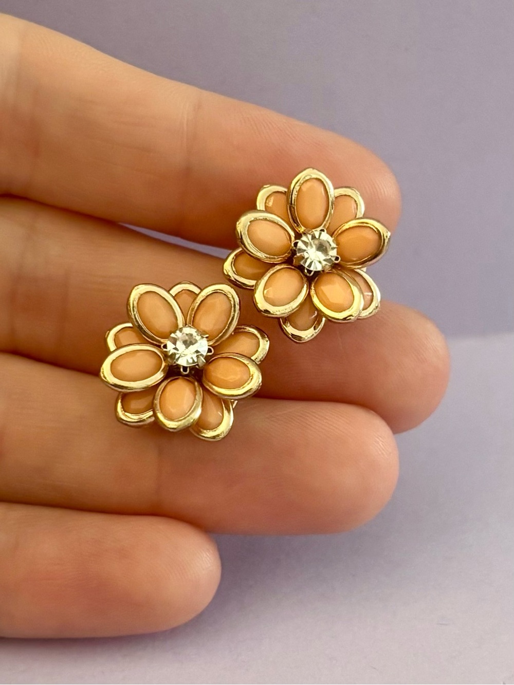 Peach Floral Crystal Center Stud Earrings - Women Jewelry